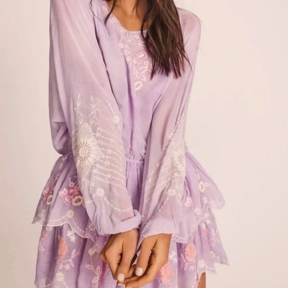 LoveShackFancy x Free People Bridgely XS Lilac Purple Embroidered Chiffon Mini